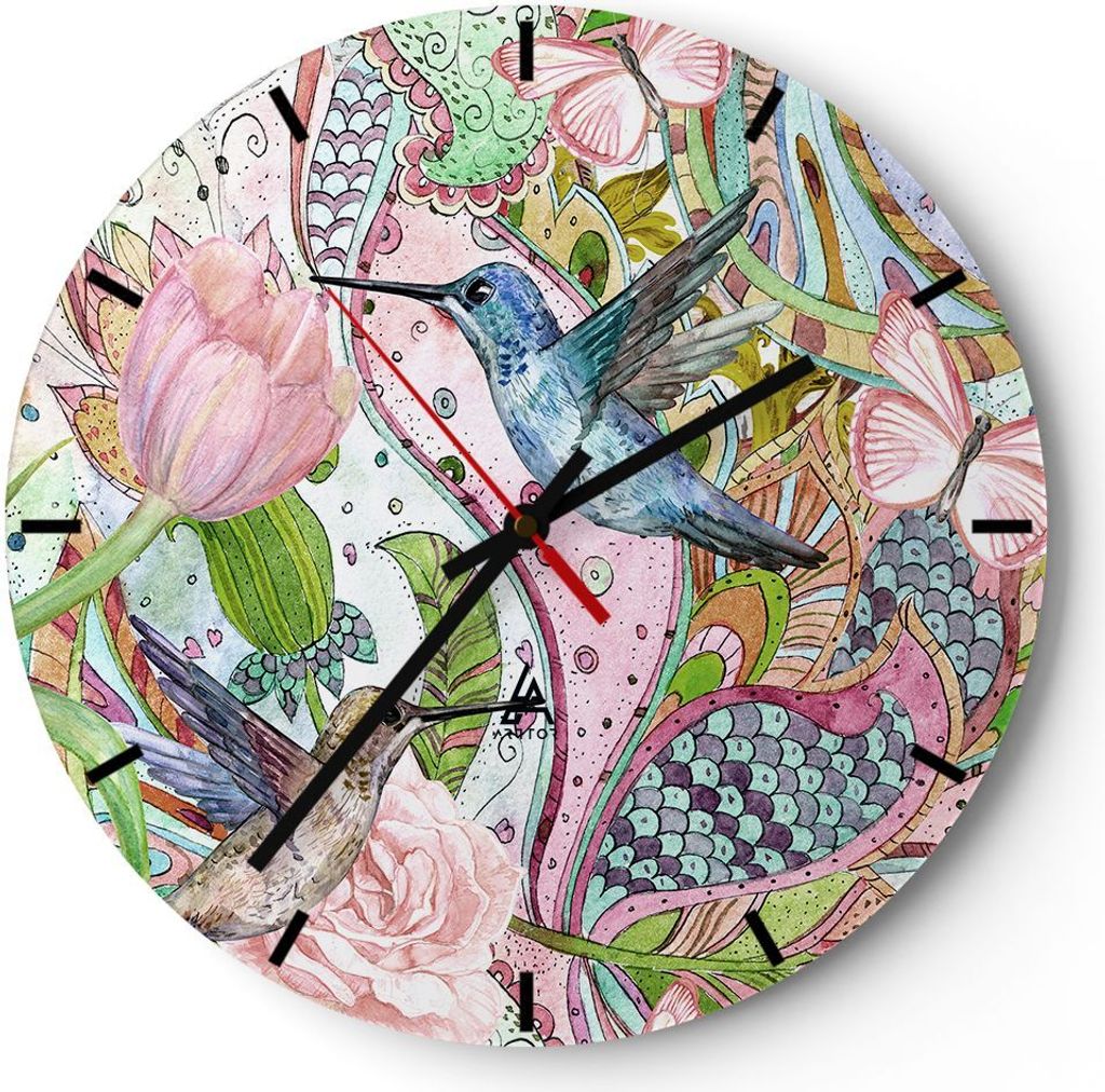 Wanduhr - Rund - Glasuhr - Vogel Schmetterling Blume - 40x40cm - Schleichendes Uhrwerk - Lautlos - zum Aufhängen bereit - Dekoration Modern - Wand...