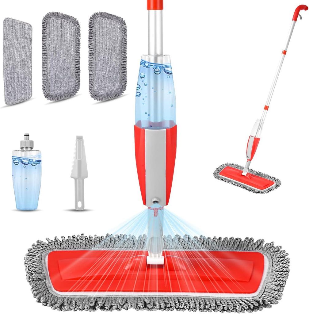 Sprühwischmopp Bodenwischer mit 360° drehbar Sprühfunktion,410ML Wassertank, Nasswischer Wischmop Set inkl. 3 Wischpads,Rot