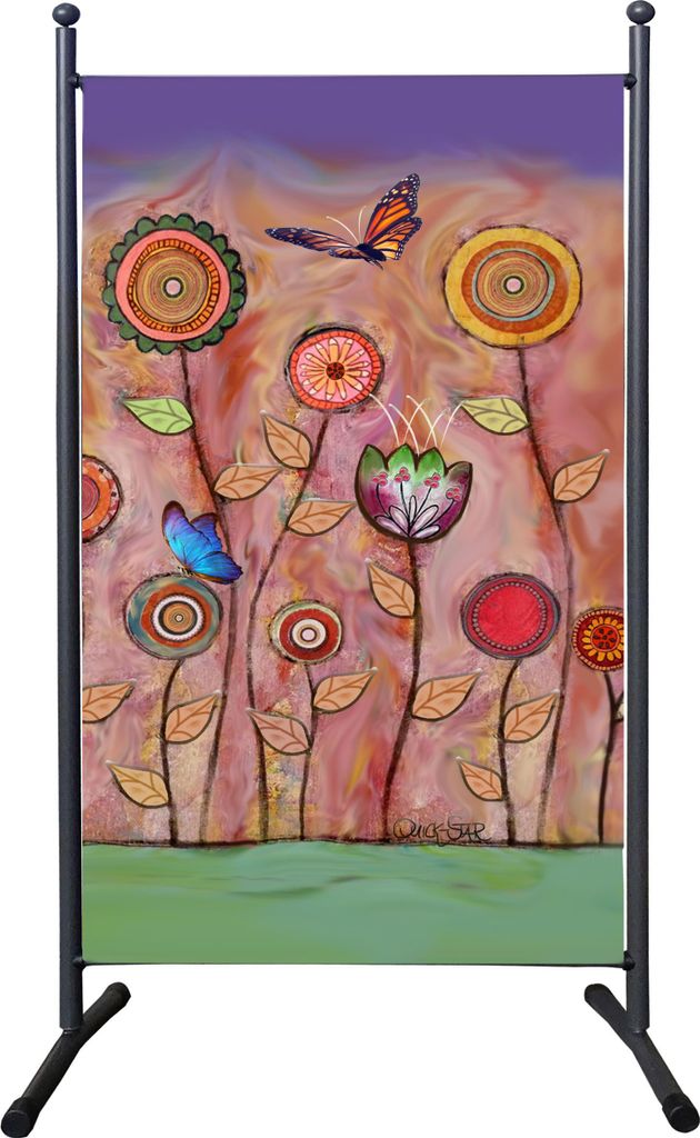 A decorative screen with a floral painting and butterflies.