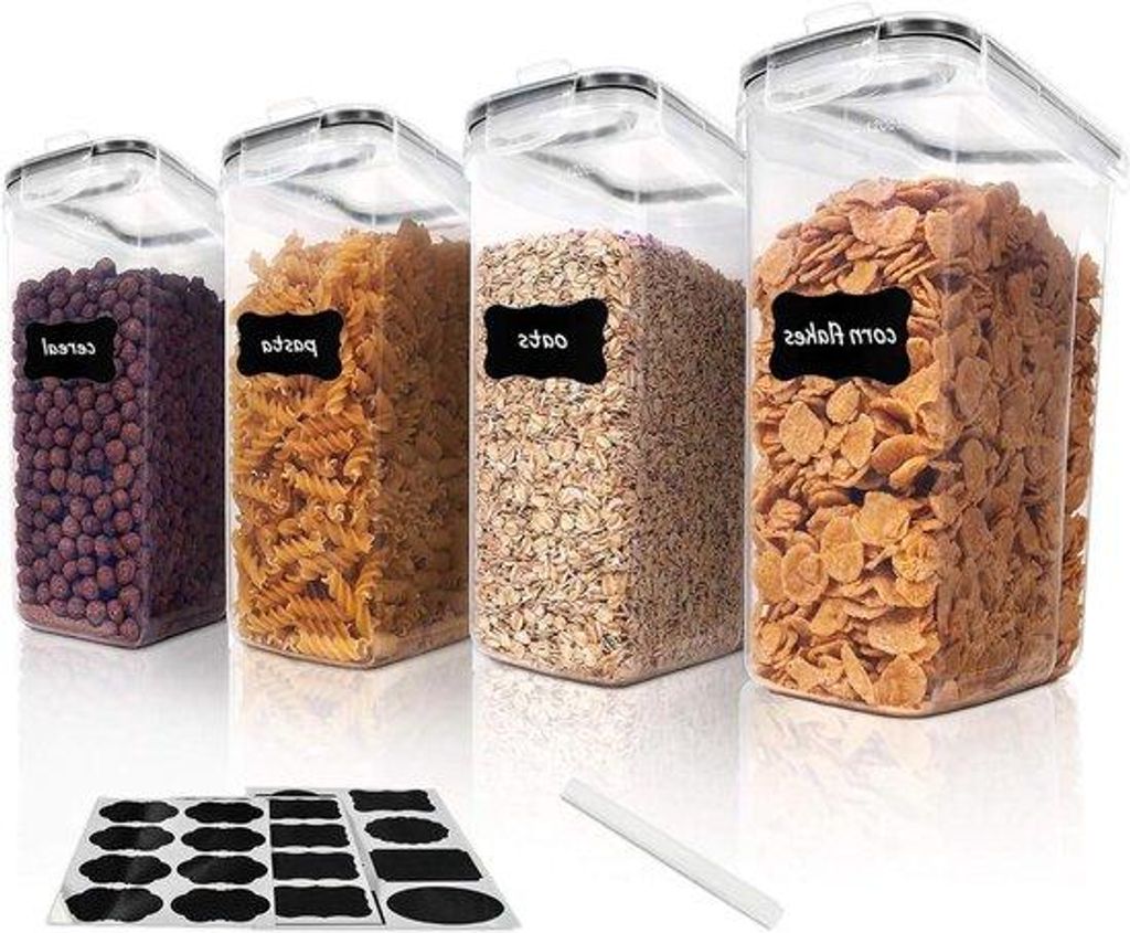 Premium Set mit 4 großen Getreideschalen für die Küchenvorratskiste - BPA-frei - luftdicht - inklusive 24 Etiketten - schwarz - 4 Liter Aufbewah...