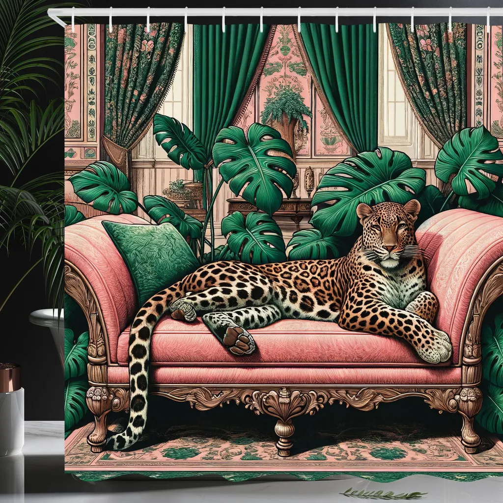 Tenda Doccia Leopard Boho ABAKUHAUS 175x200cm Rosa e Verde Giada - 4