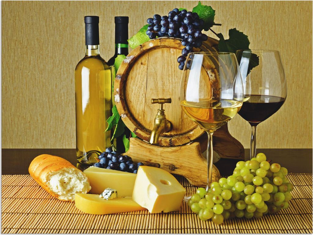 ARTland Wandbild Alu für Innen & Outdoor Käse, Wein und Trauben Größe: 80x60 cm