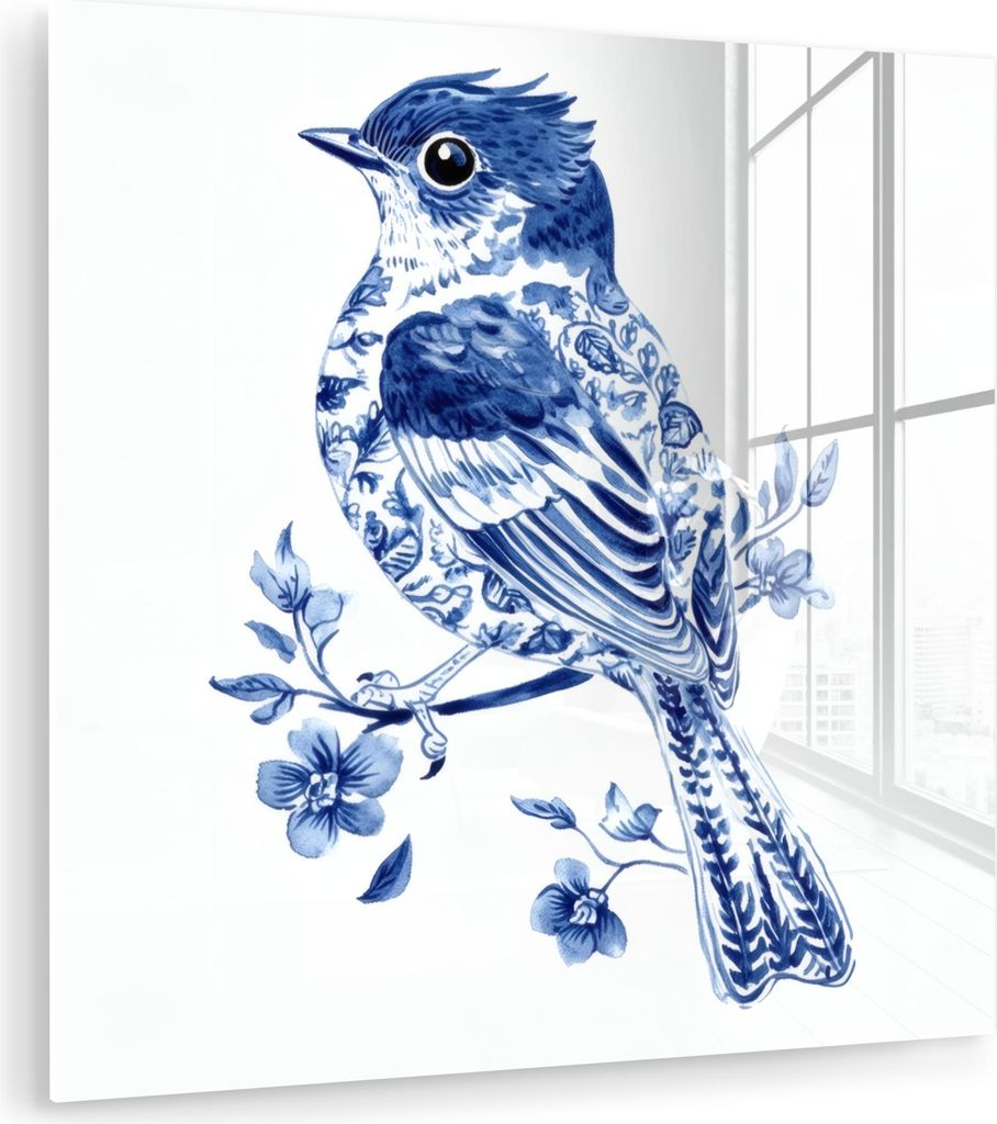MuchoWow Glasbilder - Bilder auf Wandbild - Foto auf Glas Vogel - Delfter Blau - Illustration - Blumen 30x30 cm Wanddekoration aus Glas - Acrylglas...