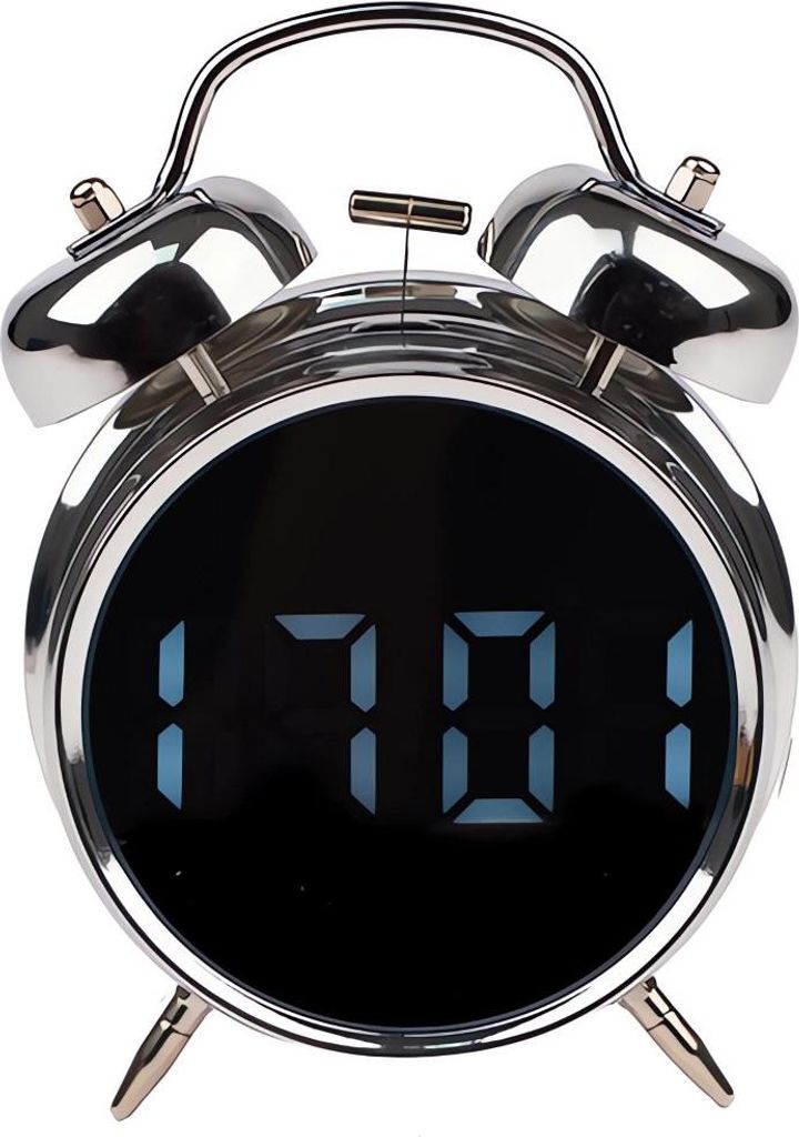 A close-up studio shot of a silver alarm clock with a digital display.