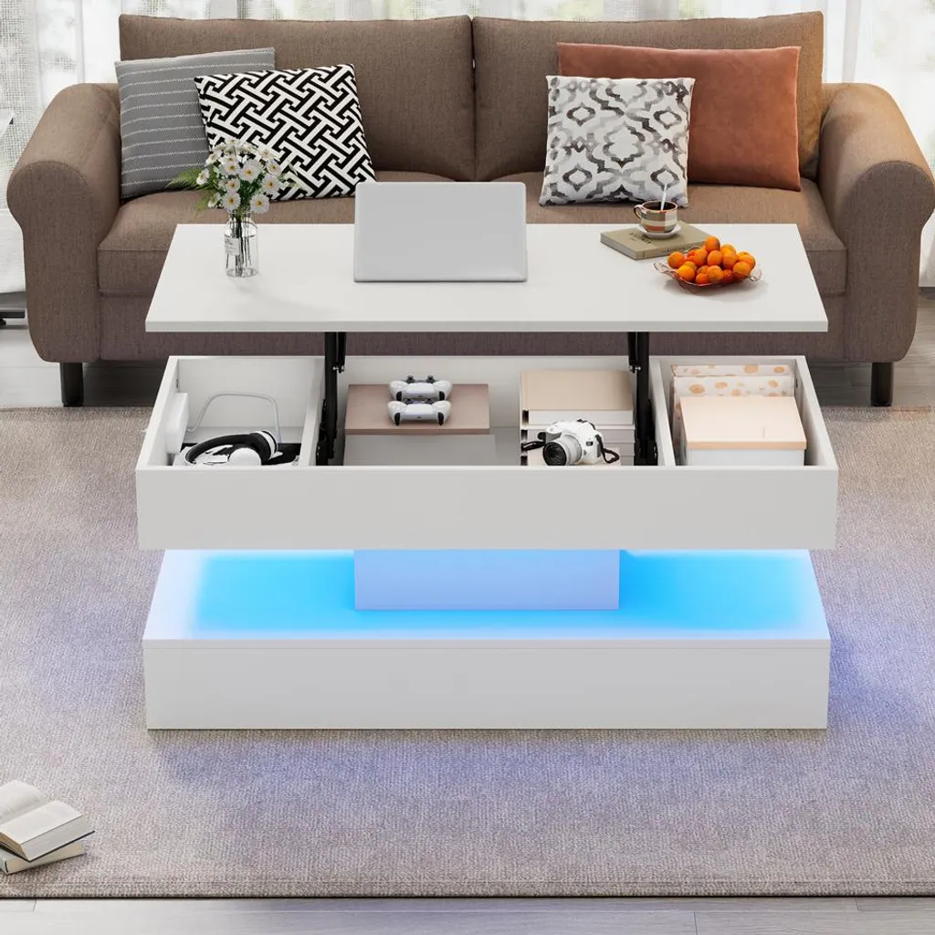 OKWISH Table Basse Relevable LED avec Rangement Blanc 100x50x42 cm