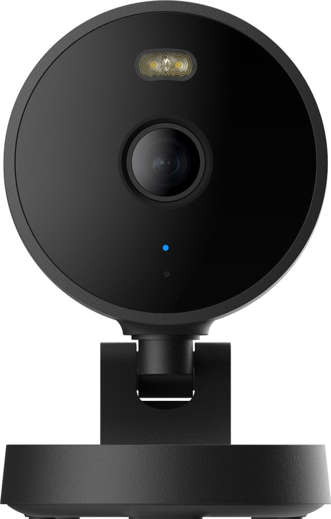 A black security camera is shown from the front on a white background.
