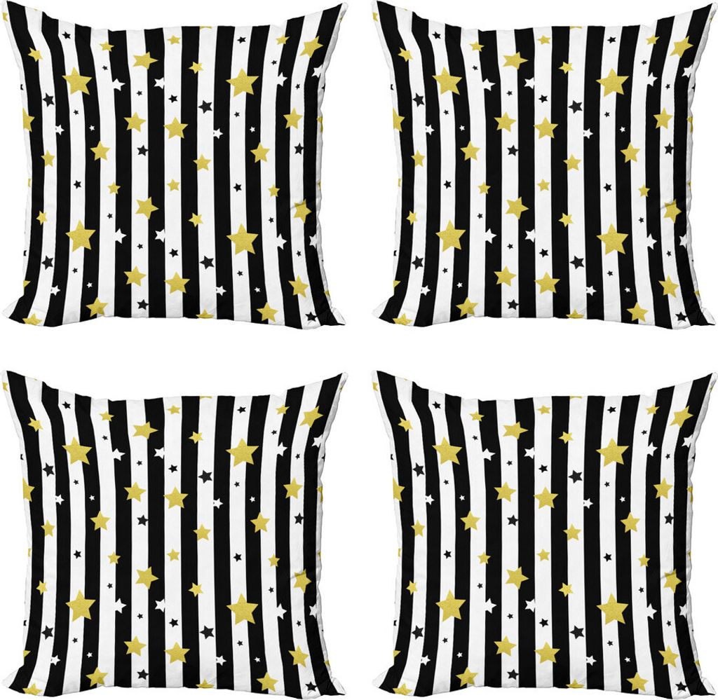 ABAKUHAUS Gestreift Kissenbezug Set (4 Stück), Vertikale Linien Sterne, Moderner Doppelseitiger Digitaldruck, 50 cm x 50 cm, Schwarz-Weiß und Gelb
