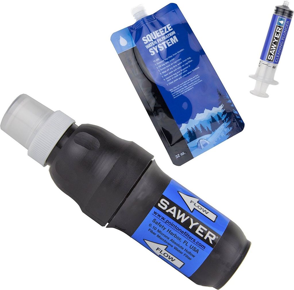 A set of Sawyer Squeeze water filtration system components, including a filter, a collapsible pouch, and a cleaning syringe, arranged on a white background.