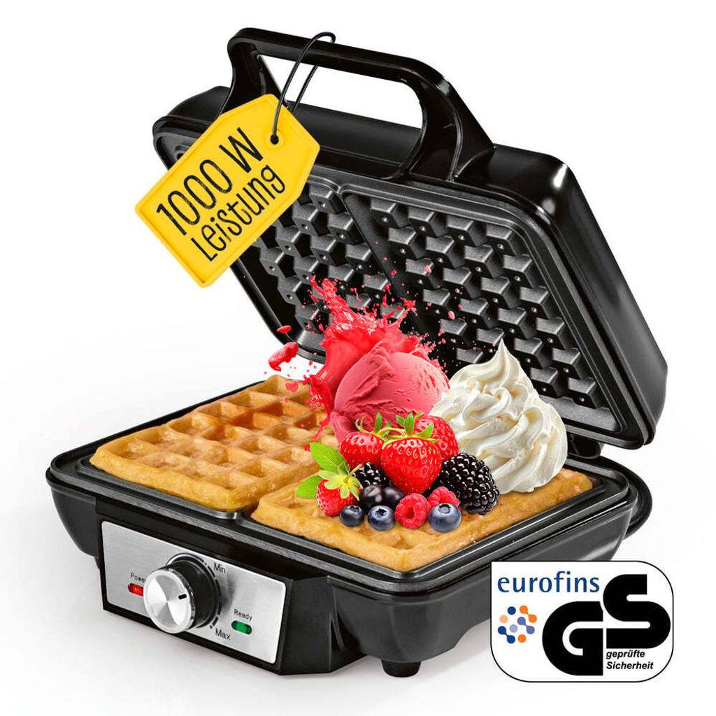 A waffle maker with waffles, ice cream, and berries on top, with promotional text and a certification logo.