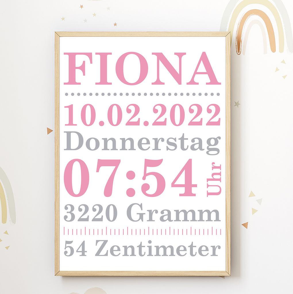 Geburtsposter personalisiert | minimalistisch Babyposter modern Kinderzimmer Wandbild Kinderposter – Digital (Versand per Mail) / Rosa