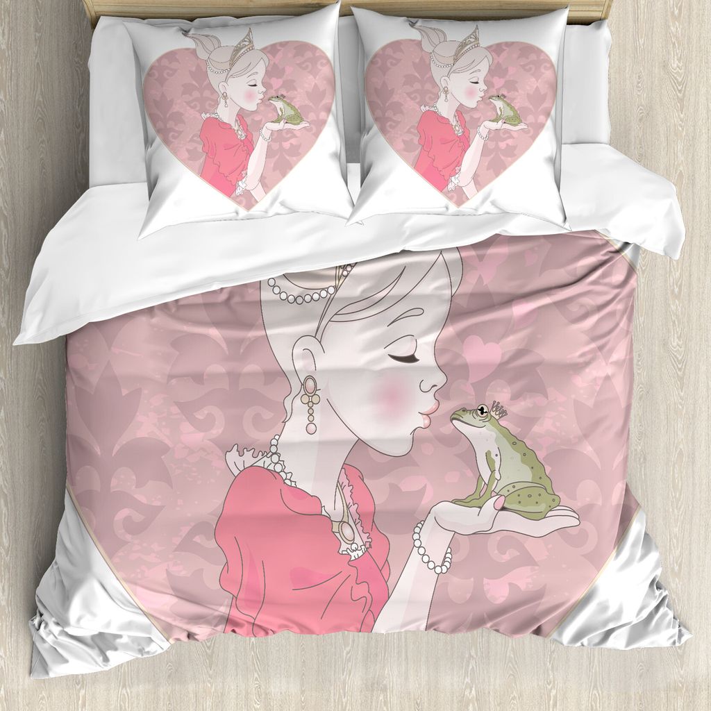 ABAKUHAUS Frösche Bettbezug Set für Einzelbetten, Märchen-Prinzessin Kuss Kunst, Milbensicher Allergiker geeignet mit Kissenbezug, 155 cm x 220 ...