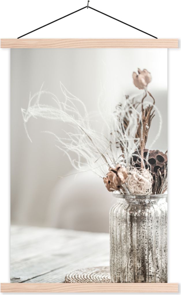 MuchoWow Textilposter Topf - Getrocknete Blumen - Pastell 120x180 cm mit holzfarbenen Rahmen - Textil-Plakat
