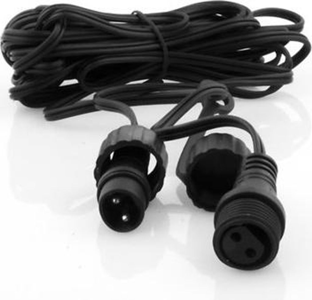 A black extension cord with two connectors is laid out on a white background.