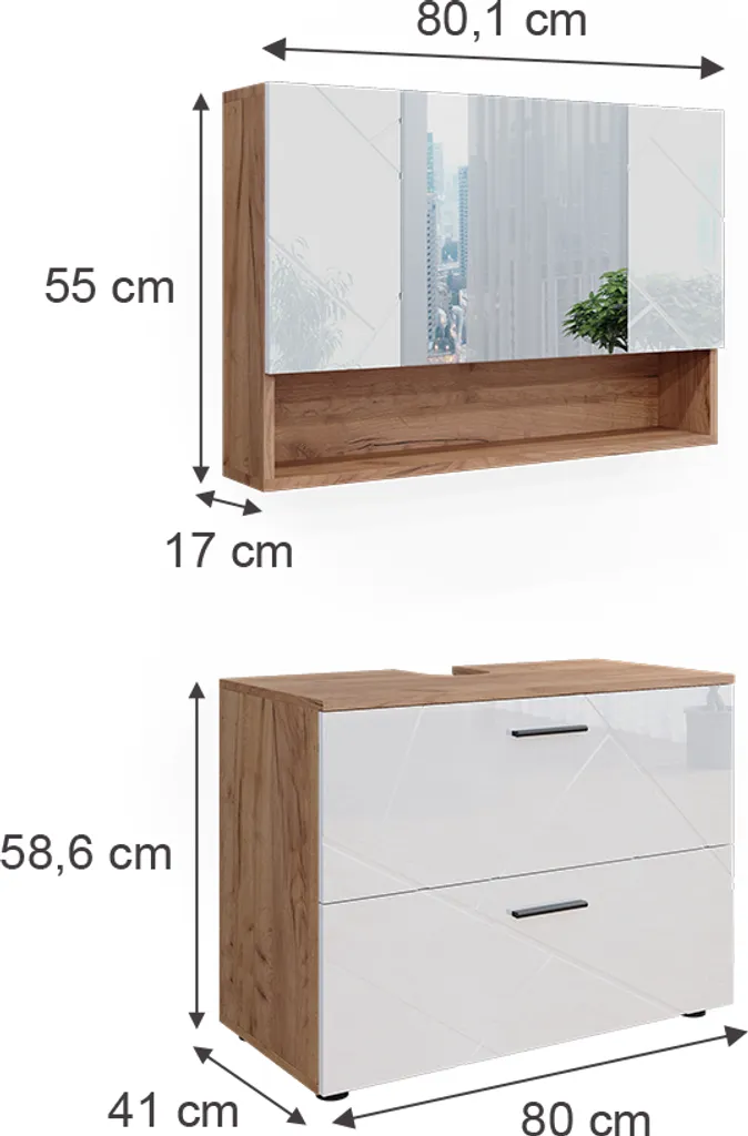 Ensemble Vicco Irma Blanc Brillant Chêne Doré : Meuble 80cm Design Moderne