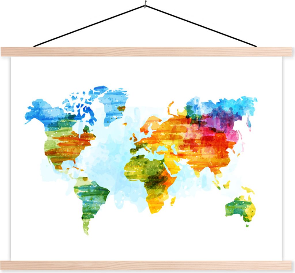 MuchoWow Textilposter Weltkarte - Wasserfarben 150x113 cm mit holzfarbenen Rahmen - Poster