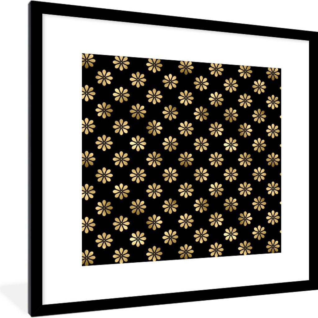 MuchoWow Gerahmtes Poster Muster - Blumen - Gold 40x40 cm - Poster mit Schwarzem Bilderrahmen Wandposter Rahmen Foto Bilder - Poster - Plakat im ...