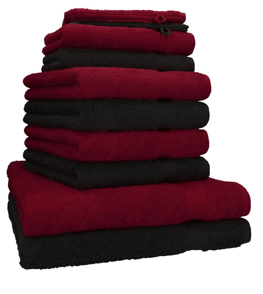Betz 10-tlg. Handtuch-Set PREMIUM 2 Duschtücher 4 Handtücher 2 Gästetücher 2 Waschhandschuhe Farbe: dunkel rot & schwarz