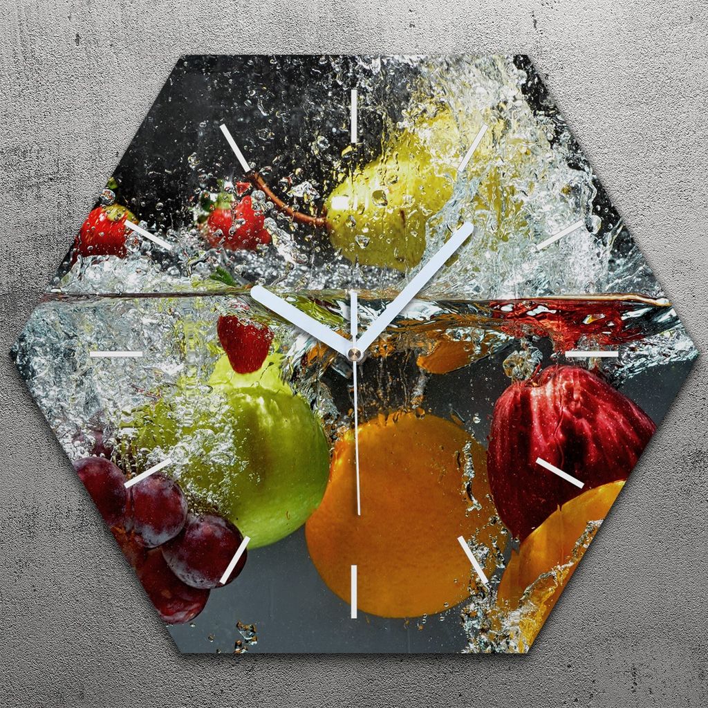 Uhr hexagonal 40 cm Glas Geräuschlos weiße Zeiger - Farbige Früchte