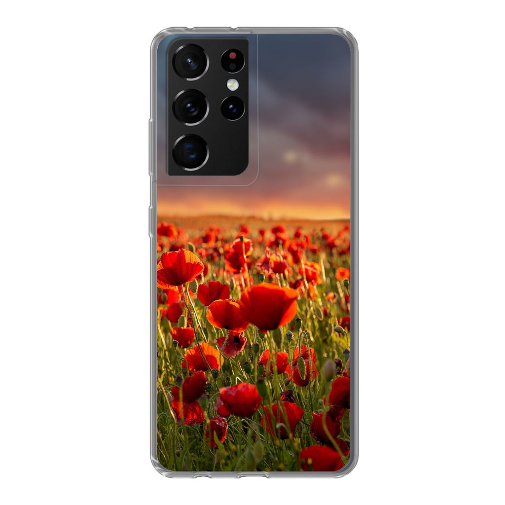 MuchoWow Handyhülle Schutzhülle Hülle für Samsung Galaxy S21 Ultra Sonnenuntergang über einem Feld von Mohnblumen Silikon Softcase Handy Hü...