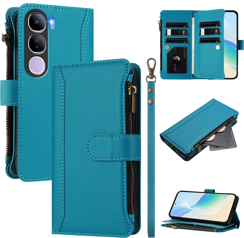 Custodia Wallet Vivo Y300: Pelle PU Anti-Urto con Cerniera Blu Lago