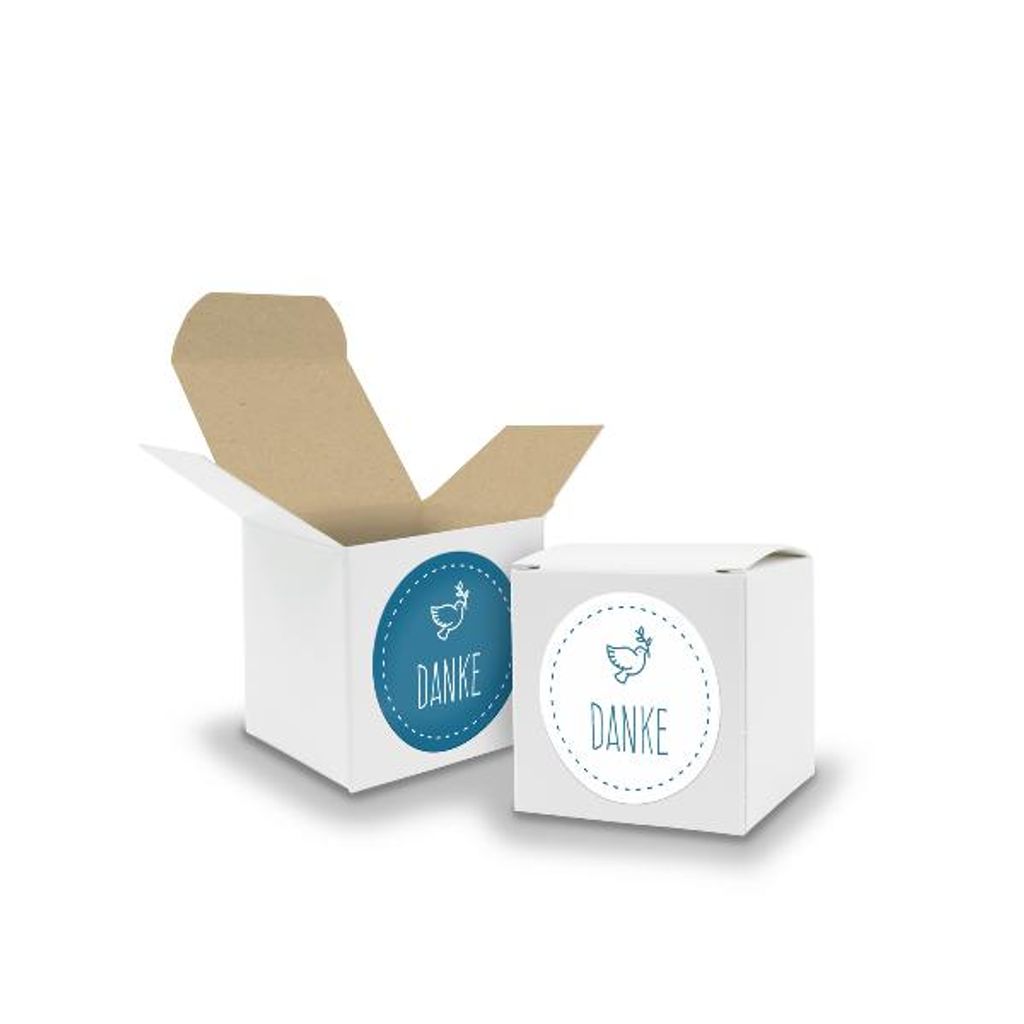 SET Taube Danke (Motiv40) 24x Faltschachtel Würfel 5cm weiß innen braun+Sticker