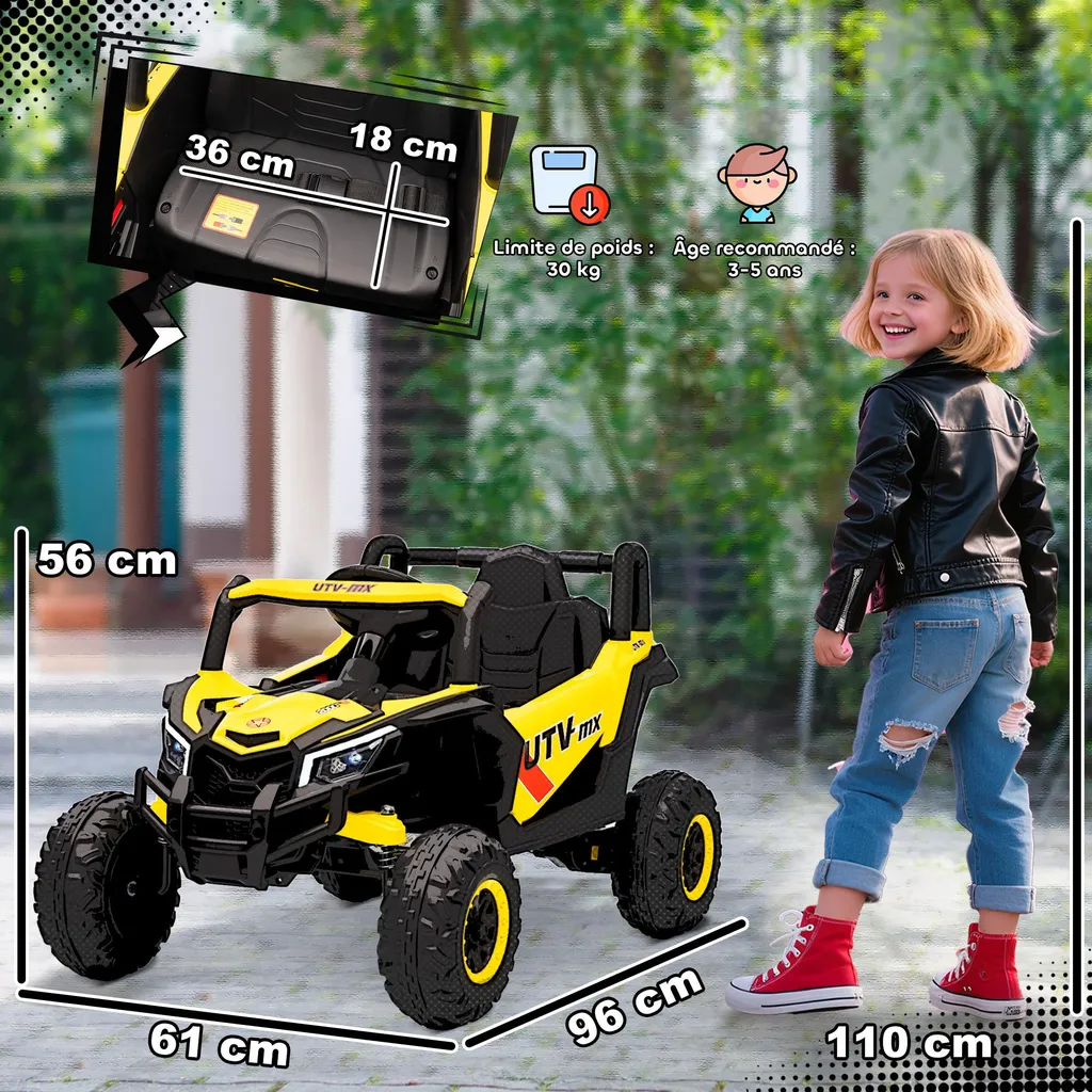 Voiture UTV 12V jaune pour enfant avec télécommande et roues robustes - 5