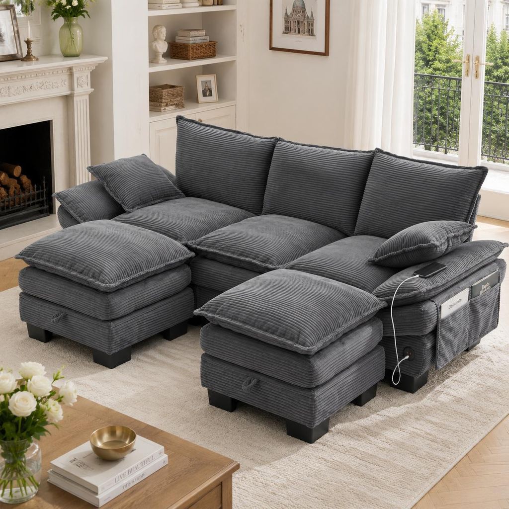 Cord Sofa 3 Sitzer Couch modular Polstersofa mit 2 Hockern USB C Ladestation Seitentasche breite Sitzfläche ergonomisch Wohnzimmercouch Dunkelgrau