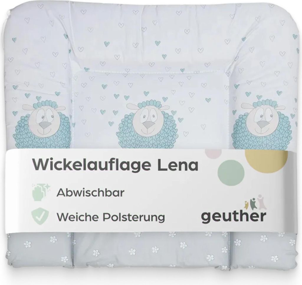 GEUTHER Wickelauflage „Lena“ im Schafdesign | 85 × 75 cm | abwischbar | mit Kopfschutz & erhöhtem Rand | extra breit | Wickelunterlage für W...