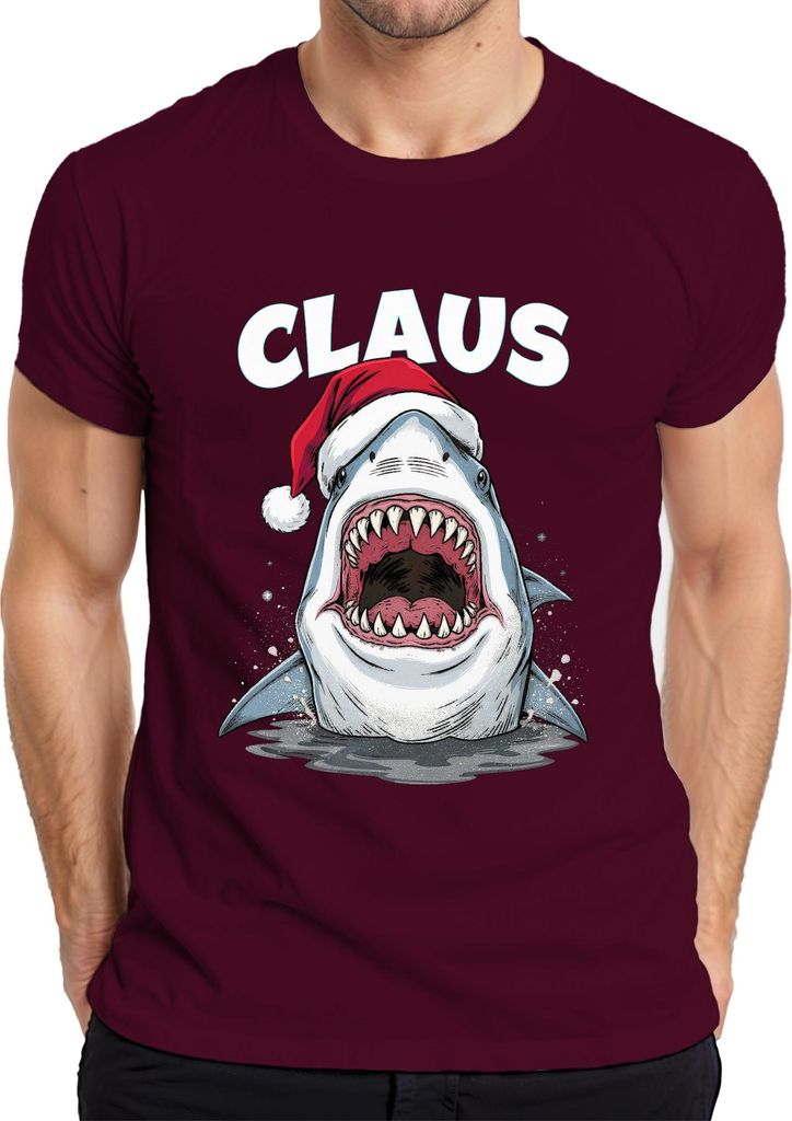 CLAUS Weihnachten Haifisch Weihnachtsmütze Hai Film Parodie Herren T-Shirt, Burgundy, M