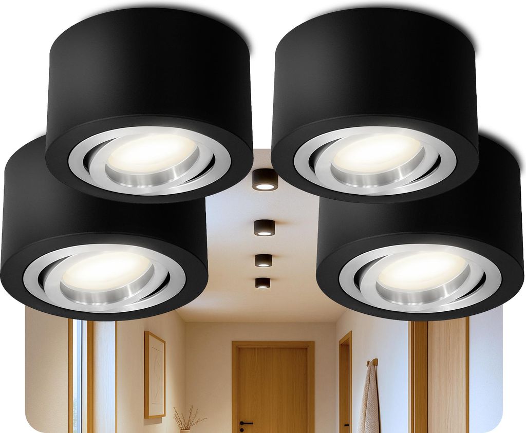 SSC-LUXon 4 x LANTI Aufbauspot schwarz rund silber Innenring – schwenkbarer Strahler mit LED 4W neutralweiß 230V – Spot für Wohnzimmer & Küche