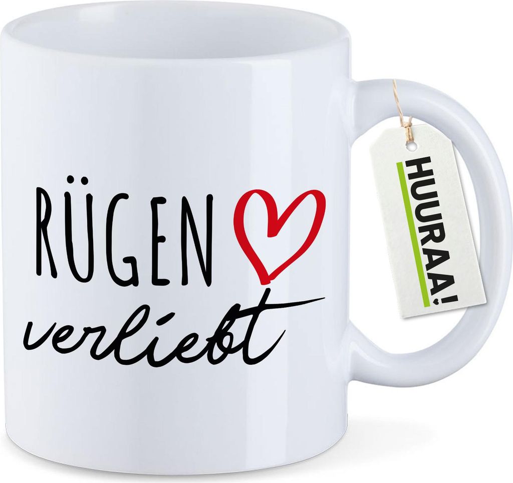 Huuraa Kaffeetasse Rügen verliebt 330ml Weiß Keramik Kaffeebecher Geschenkidee