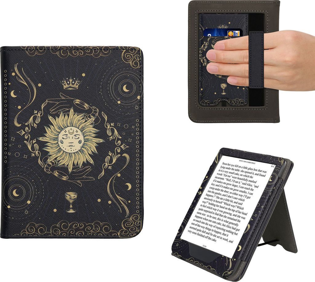 kwmobile Flip Cover kompatibel mit Kobo Clara BW / Clara Colour / Tolino Shine (5) / Shine Color - Hülle mit Handschlaufe Tarot Karten Dunkelblau ...