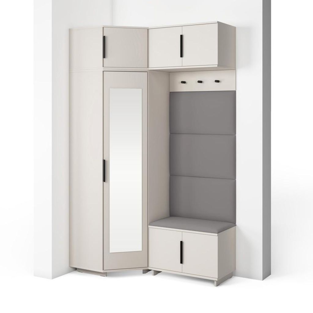 Garderoben-Set Napoli Version 19: Eckschrank mit Polsterpaneelen, Schuhschrank und Schrankaufsatz Flur und Eingangsbereich (Cashmere/Trinity 15)