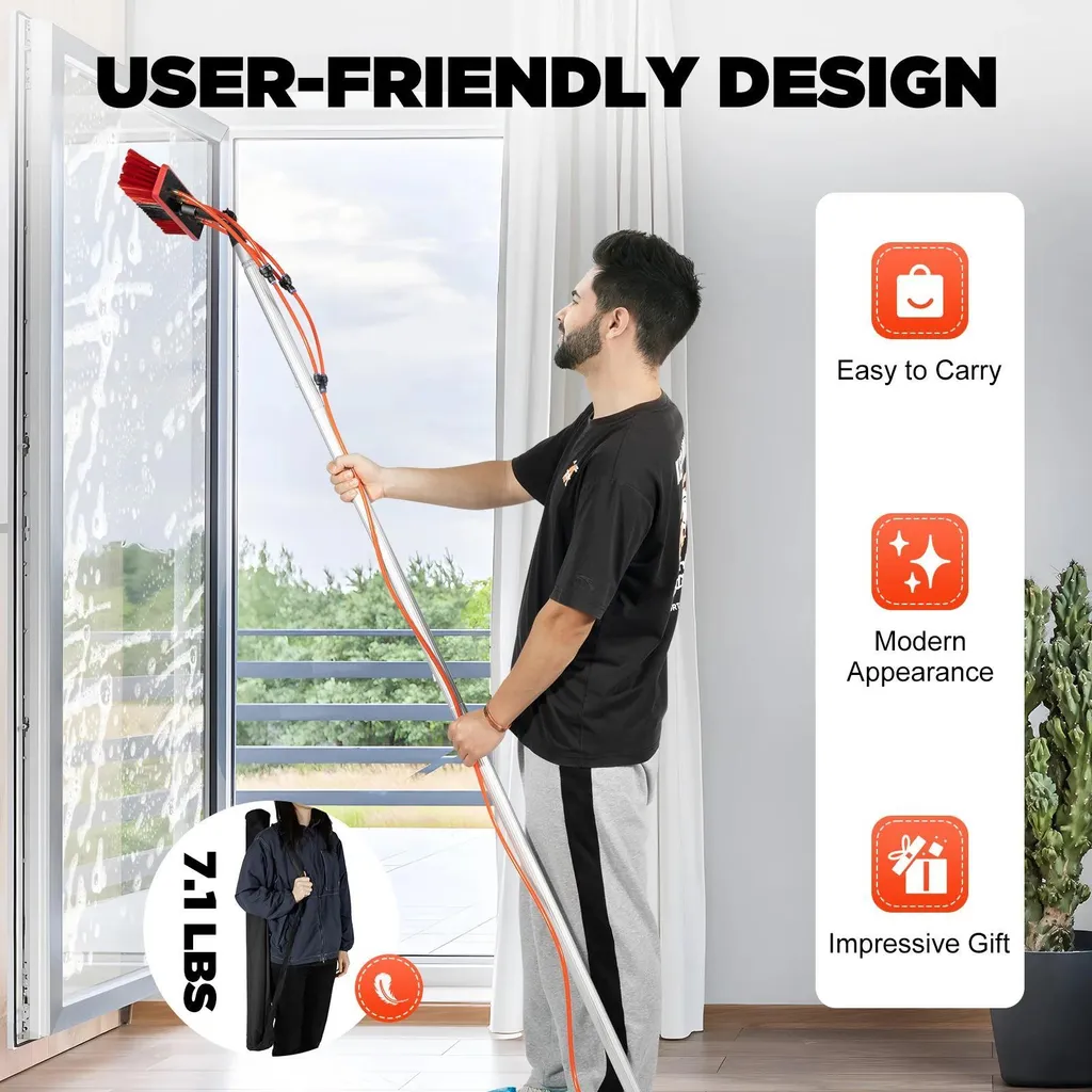 Perche à eau 7,4 m avec raclette caoutchouc et brosse combo rouge