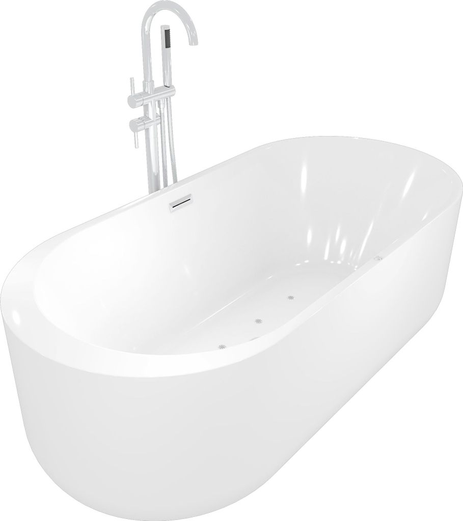 freistehende Badewanne Wanne Whirlpool F16 170x80cm mit Luftmassage mit Armatur AF04
