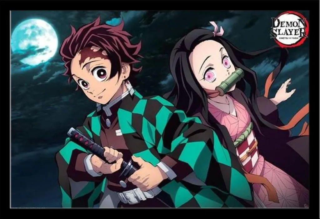 Tableau Demon Slayer encadré Tanjiro et Nezuko avec cadre bois noir MDF