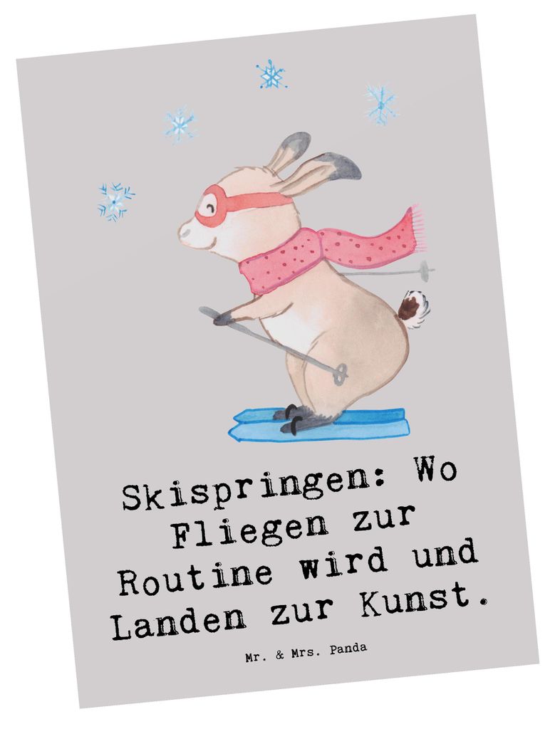 Mr. & Mrs. Panda Postkarte Skispringen Kunstflug - Grau Pastell - Geschenk, Grußkarte, Ansichtskarte, Postkarten, Flug, Sportler, Sprünge, Gesche...