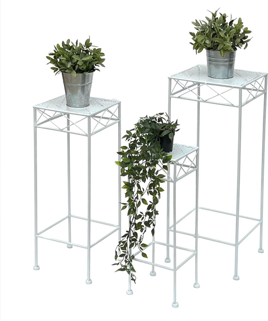 DanDiBo Blumenhocker Weiß Metall Eckig Blumenständer 96314 3er Set Beistelltisch Blumensäule Modern Pflanzenständer Pflanzenhocker