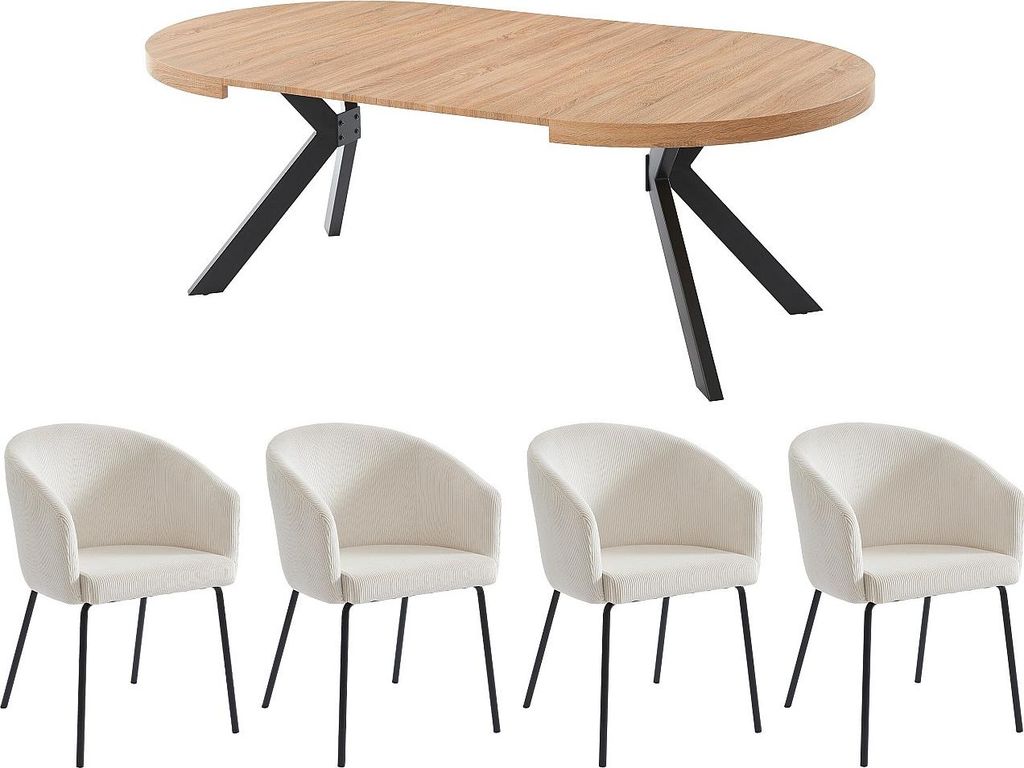 KOMONI Tisch + 4 Stühle Set MORONI - Natur und Creme