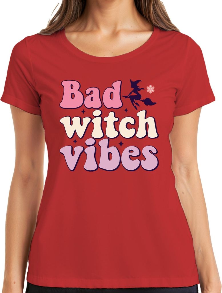 Bad witch vibes Hexe Halloween Hexenbesen magisch retro süß cool Damen T-Shirt, Rot, S