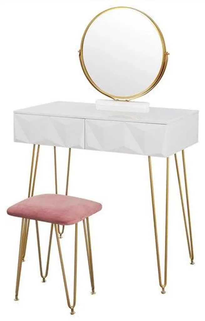 Coiffeuse moderne rose à 2 tiroirs de rangement et miroir compact