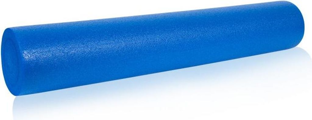 A blue foam roller is shown on a white background.