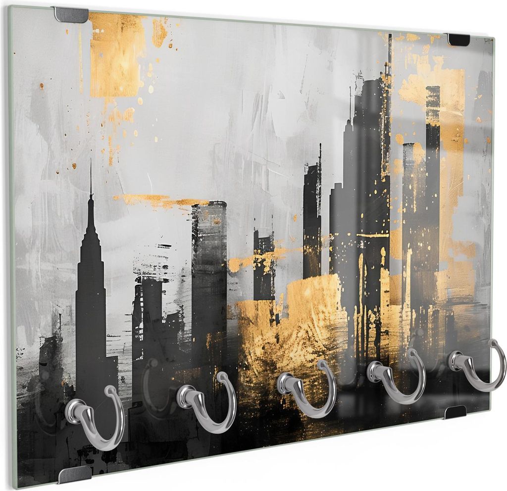 DEQORI Schlüsselbrett Glas 30x20 cm 'Goldene Skyline-Reflexion' Schlüssel Halter Haken