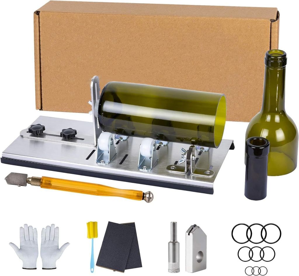 Glasschneider für Flaschen Edelstahl Set, DIY Flaschen Cutter mit 5 Verstellbare Räder, Flaschenschneider Set, mit Zubehör, Glasflasche schneiden