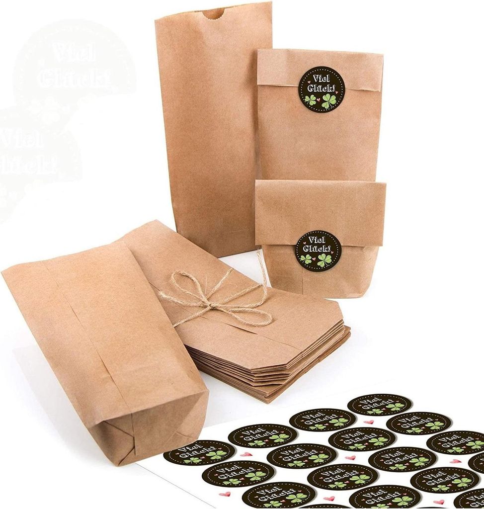 Logbuch-Verlag 24 Papiertüten braun m. Boden 10,7 x 22 x 4,2 cm + 24 Aufkleber VIEL GLÜCK Sticker Kleeblatt Herzen f. Give-Away Geschenk z. Prüf...