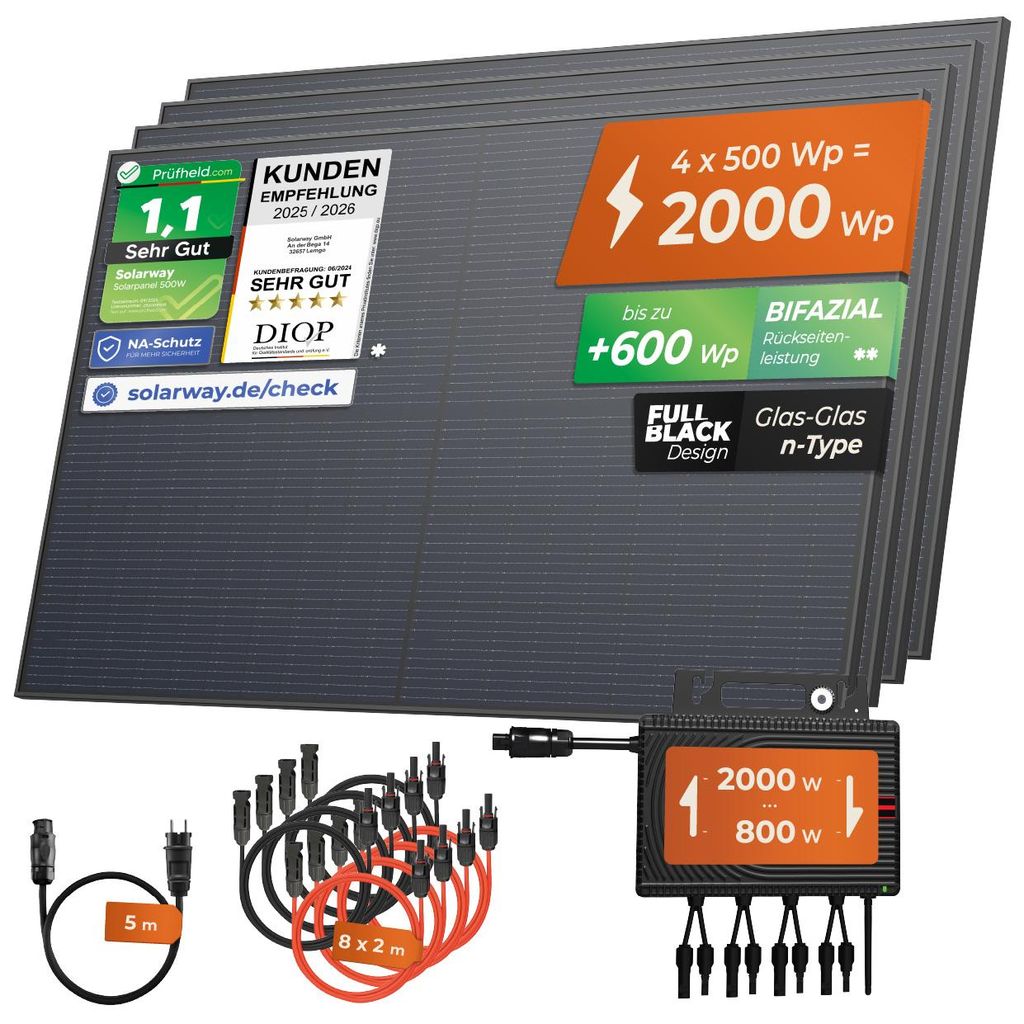 Solarway®️ 2000Wp / 800W Balkonkraftwerk komplett Steckdose Produktbild 