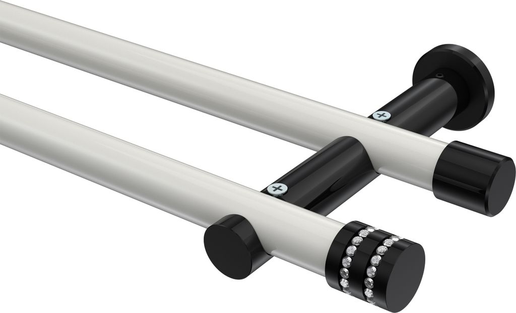 Interdeco Gardinenstange / Vorhangstange Weiß / Schwarz, Typ Platon Estana (Glitzerkappe) ohne Ringe, 20 mm Ø 2-läufig, 240 cm