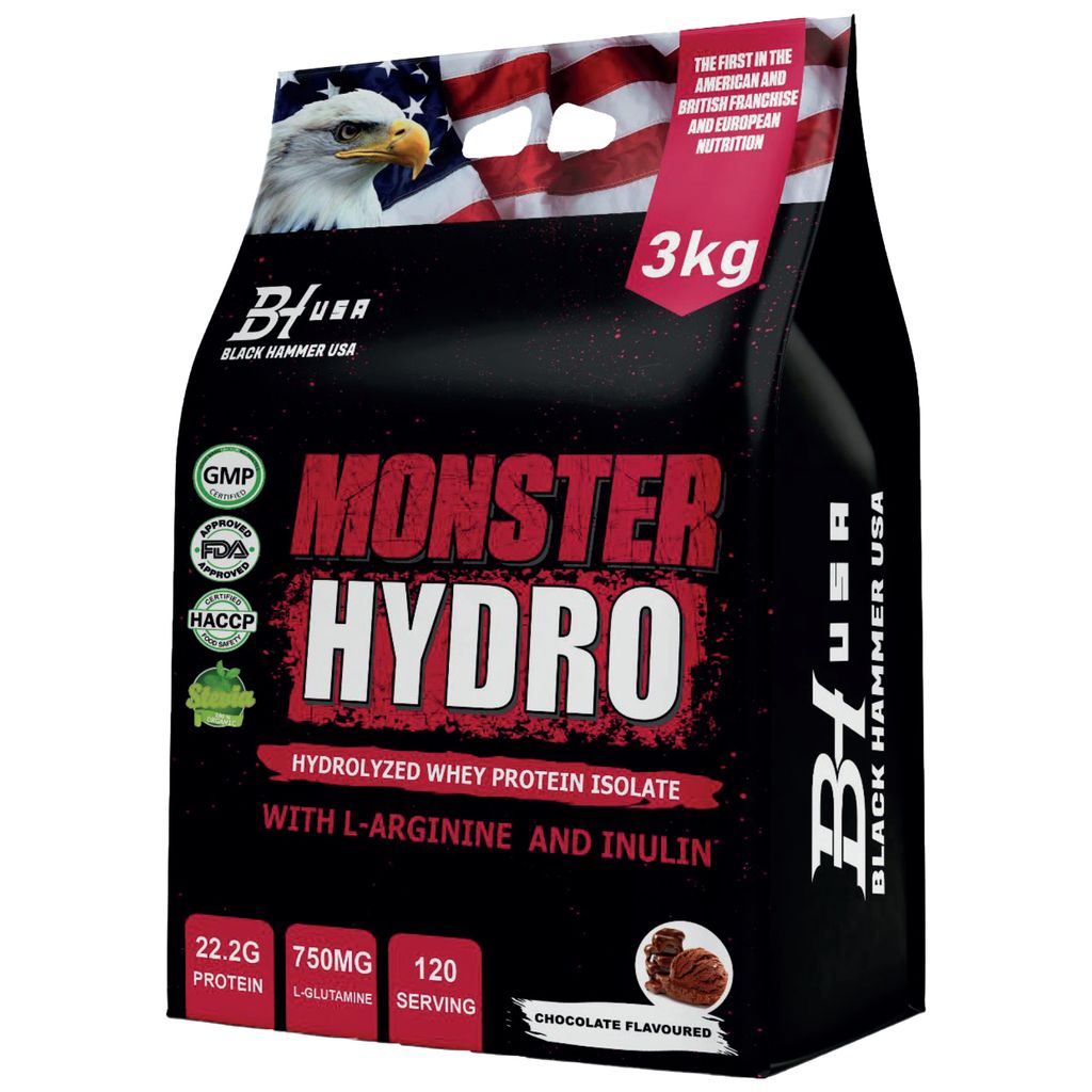 Monster Hydro3kg Schokolade– Hydrolysiertes Whey Isolat mit 22,2g Protein L-Arginin, Inulin &Taurin –120 Portionen für Muskelaufbau | Black Ha...