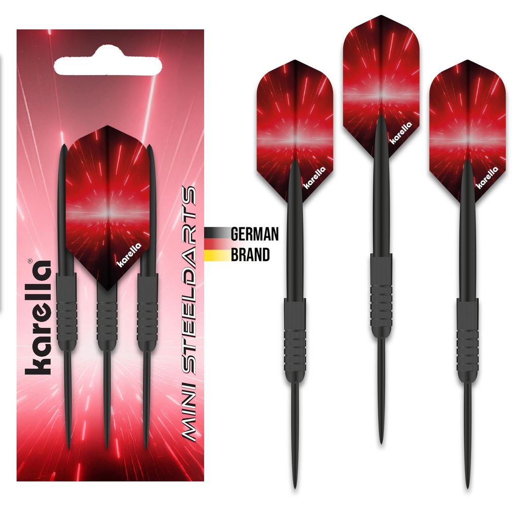 Karella Steeldarts Mini , 6g Brass-Darts mit schwarzem griffigem Barrel, Nylonshaft, Miniaturdarts mit Stahlspitze für alle Steel- Dartboards, Lä...