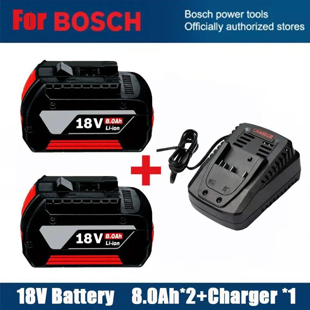 Akkuset für Elektrowerkzeuge - 18V Li-Ion Ersatzakku mit Ladegerät - 8,0Ah 8000mAh - 2x Akku + 1x Schnellladegerät - kompatibel mit 18V System